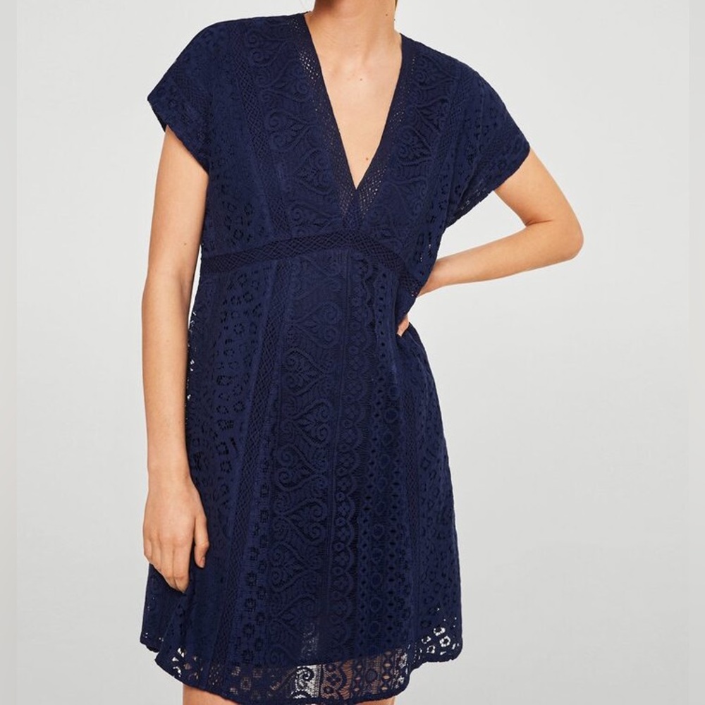 MANGO Navy Blue Lace V Neck Empire Mini Dress